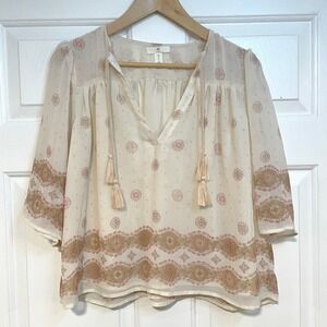 XS Peasant Blouse H&M Bohemian Tassel Top Floral‎ Short Boxy Sheer Gauzy Flowy